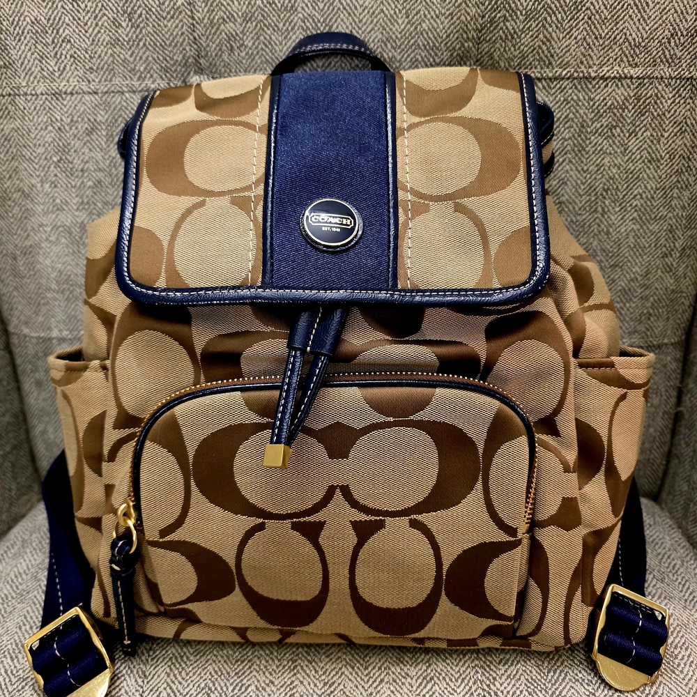 Coach Tan and Navy Signature Backpack